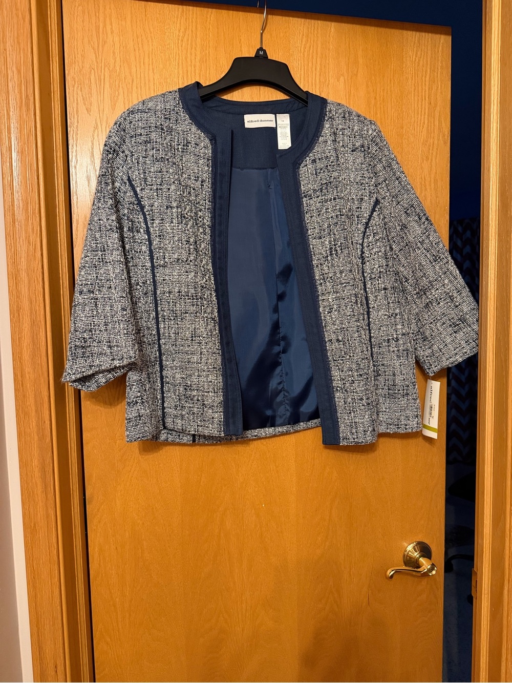 Alfred Dunner Navy and Gray Tweed Open-Front Cropped Cardigan